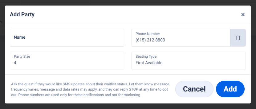 Host Add screen showing phone number collection and SMS disclosure text shown at collection time.